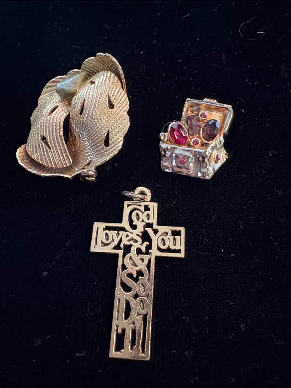 Gold Tone 'God Loves You' Cross Pendant and Decorative Charms - Gold